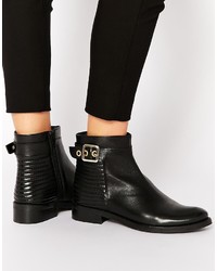 Dune Padston Black Leather Buckle Flat Ankle Boots