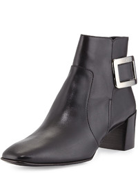 Roger Vivier Polly Leather Side Buckle Ankle Boot Black