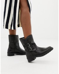 Dune Rita Black Leather Flat Ankle Boots With Faux Leather
