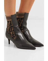 Fendi Rockoko Logo Jacquard Stretch Knit And Leather Ankle Boots
