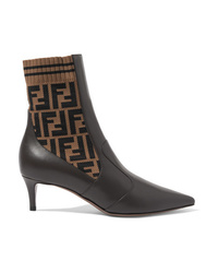 Fendi Rockoko Logo Jacquard Stretch Knit And Leather Ankle Boots