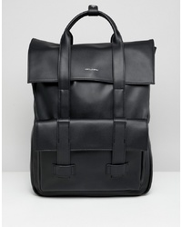 ASOS DESIGN Backpack In Black Faux Leather And Front Pocket With Double Straps