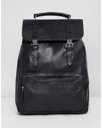 ASOS DESIGN Leather Backpack In Black With Front Pocket And Double Straps