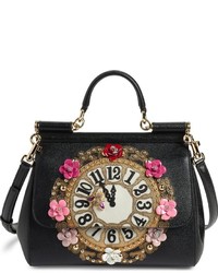 Dolce & Gabbana Dolcegabbana Small Miss Sicily Floral Clock Calfskin Leather Satchel Black