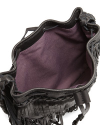 Kooba Janis Fringe Leather Drawstring Bag Black