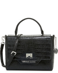 Versace Jeans Crocodile Embossed Box Satchel Bag Black