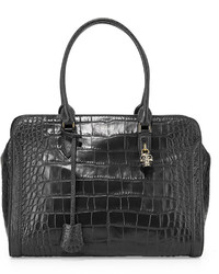 Alexander McQueen Medium Croc Embossed Padlock Satchel Bag Black