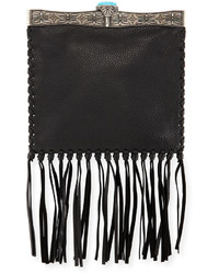 Valentino Metal Framed Leather Fringe Shoulder Bag Black