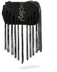 Saint Laurent Monogramme Baby Leather Trimmed Crocheted Shoulder Bag
