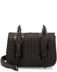 Bottega Veneta Woven Napa Snakeskin Flap Bag Black