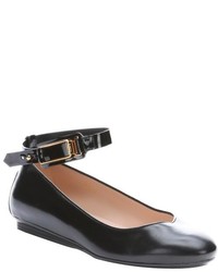 Tod's Black Leather Ballerina Gomma Ankle Strap Flats