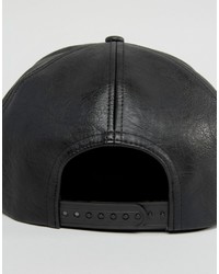 Asos Snapback Cap In Black Faux Leather With Metal Badge