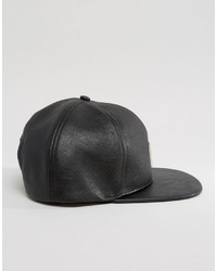 Asos Snapback Cap In Black Faux Leather With Metal Badge