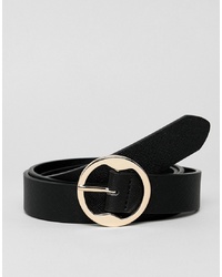 ASOS DESIGN Faux Leather Slim Belt In Black Saffiano With Gold Circle