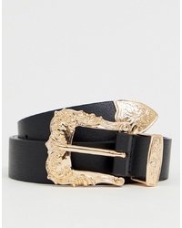 ASOS DESIGN Faux Leather Slim Belt In Black With Gold Western