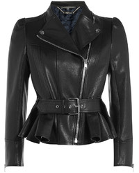 Women's Black Leather Biker Jacket, White and Black Print Tank, Grey ...