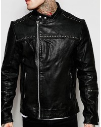 Asos Brand Leather Biker Jacket With Stud Details In Black