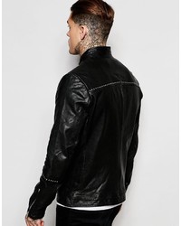 Asos Brand Leather Biker Jacket With Stud Details In Black