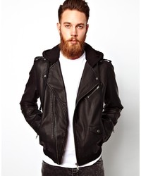 Asos Faux Leather Biker Jacket With Jersey Hood