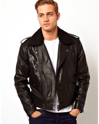 Asos Leather Biker Jacket With Borg Collar