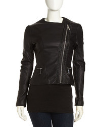 Betsey Johnson Asymmetric Cropped Faux Leather Moto Jacket Black