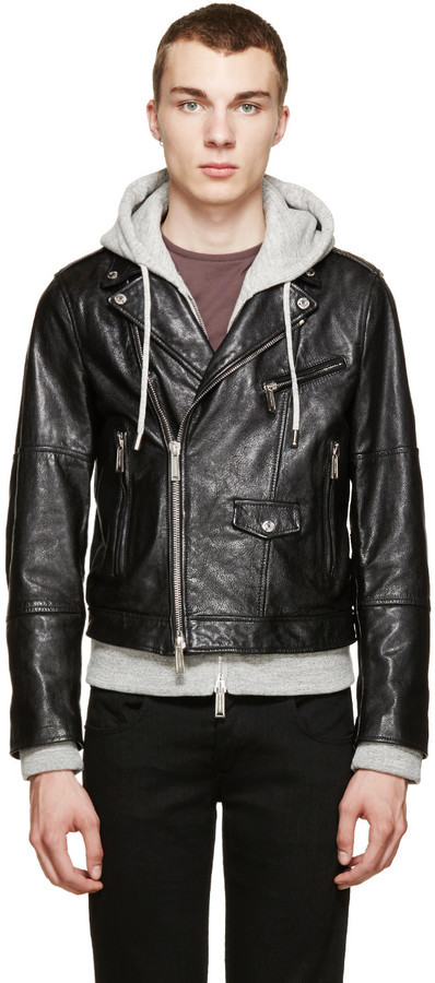DSQUARED2 Black Grey Hybrid Leather Jacket With Hoodie | Where to