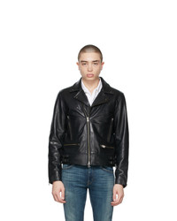 Men's Black Leather Biker Jacket, Light Blue Long Sleeve Shirt, Black ...