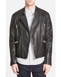 Topman Black Leather Collarless Biker Jacket