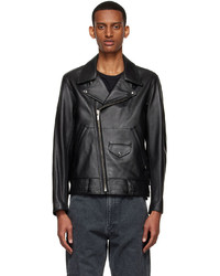 Men's Black Leather Biker Jacket, Navy Jeans, Dark Green Scarf | Lookastic