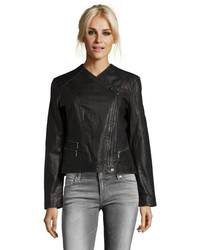 Cole Haan Black Leather Perforated Detail Asymmetrical Zip Front Jacket