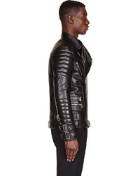 Balmain Black Leather Ribbed Biker Jacket