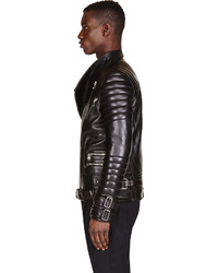 Balmain Black Leather Ribbed Biker Jacket