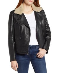 Cole Haan Bonded Leather Moto Jacket With Genuine Shearling Collar