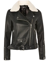 Topshop Borg Collar Faux Leather Biker Jacket