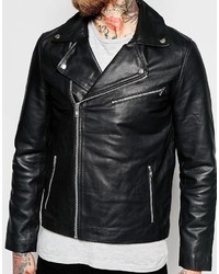 Asos Brand Asymmetric Leather Biker Jacket In Black