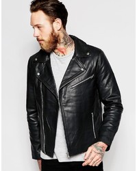 Asos Brand Asymmetric Leather Biker Jacket In Black