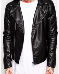Asos Brand Faux Leather Biker Jacket In Black