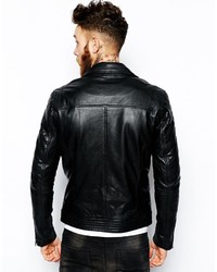 Asos Brand Leather Biker Jacket In Black