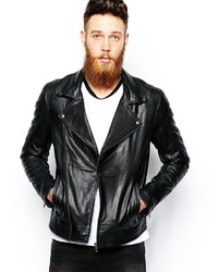 Asos Brand Leather Biker Jacket In Black