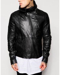 Asos Brand Leather Biker Jacket With Funnel Neck
