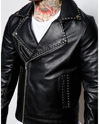 Asos Brand Leather Biker Jacket With Stud Detail In Black