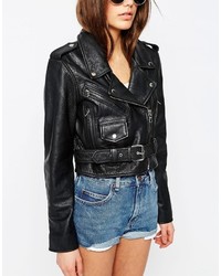 Asos Collection Cropped Leather Biker In Washed Black