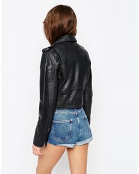 Asos Collection Cropped Leather Biker In Washed Black