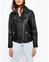 Asos Collection Leather Biker Jacket In Boxy Fit With Eyelet Embellisht