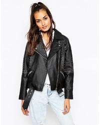 Asos Collection Leather Biker Jacket In Boxy Fit With Eyelet Embellisht