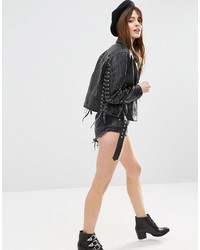 Asos Collection Leather Biker With Stitch And Lace Up Detail