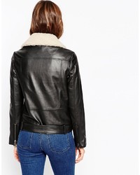 Asos Collection Premium Biker Jacket In Leather With Fleece Collar