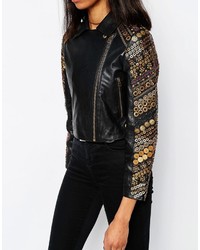 Asos Collection Premium Leather Biker With Coin Embellisht