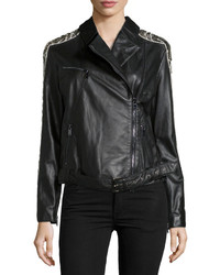 Haute Hippie Embellished Leather Moto Jacket Black