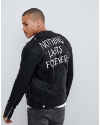 Solid Faux Leather Biker Jacket With Back Print
